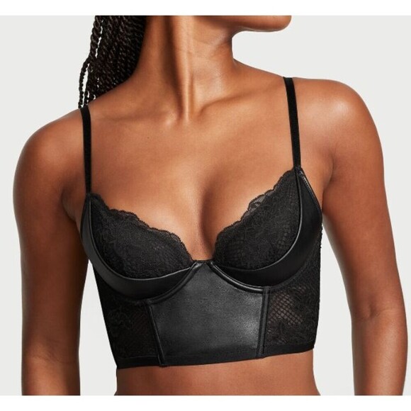 Victoria's Secret Bustier Size 32C Black Faux Leather Fishnet Quarter Cup Corset - Picture 2 of 8